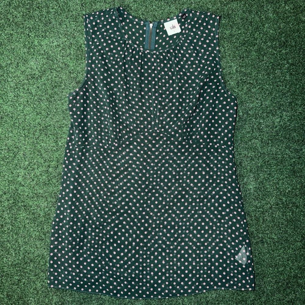 CAbi Blouse Womens Small Green Polka Dot‎ Sheer Lined Chiffon Zip Back Top